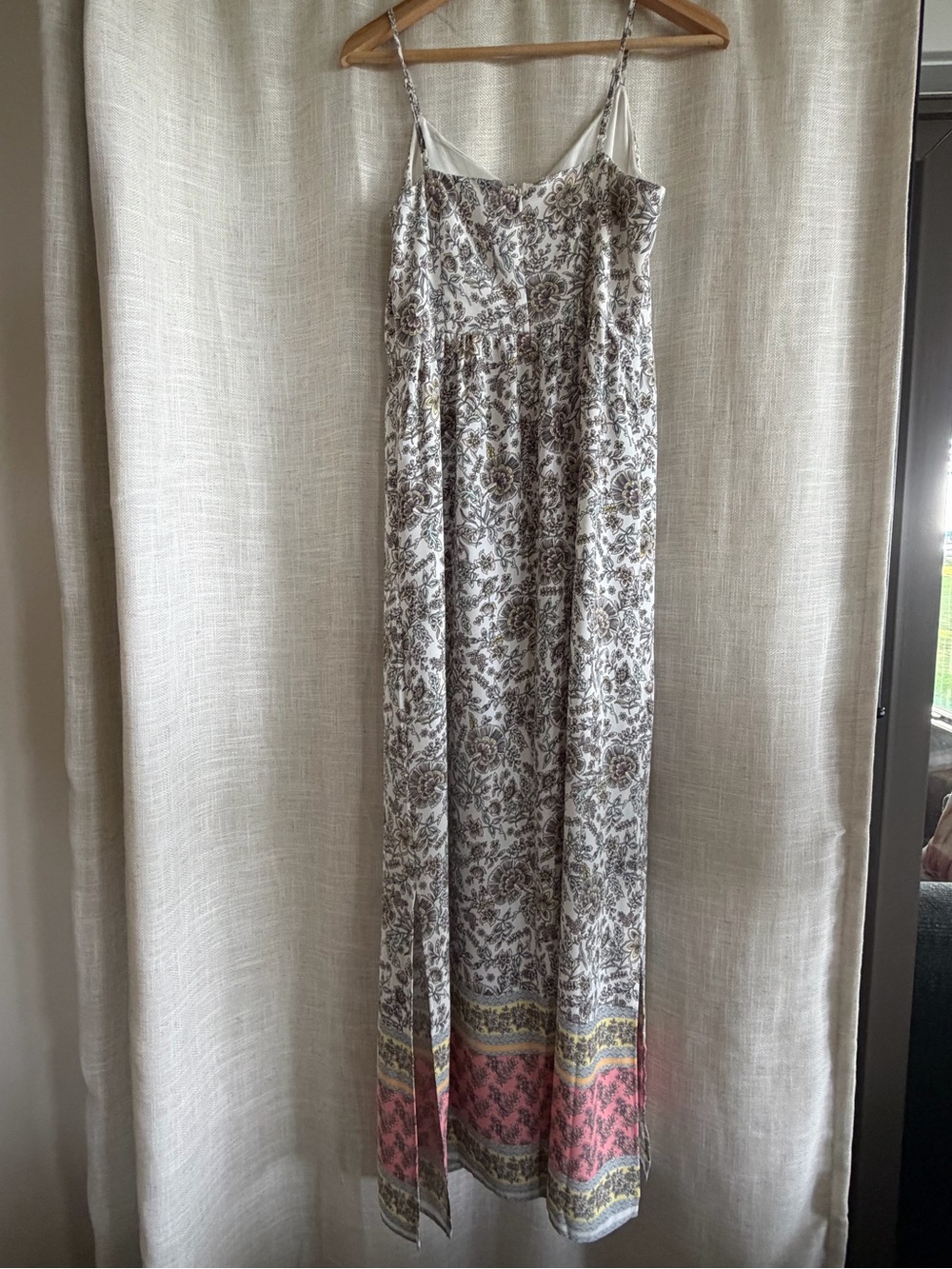 LOFT Cream Floral Spaghetti Strap Maxi Dress with Pink Hem Border - Picture 3 of 7